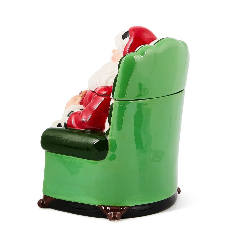 Ceramic cookie jar featuring a seated Santa Claus figure with red suit against white background.