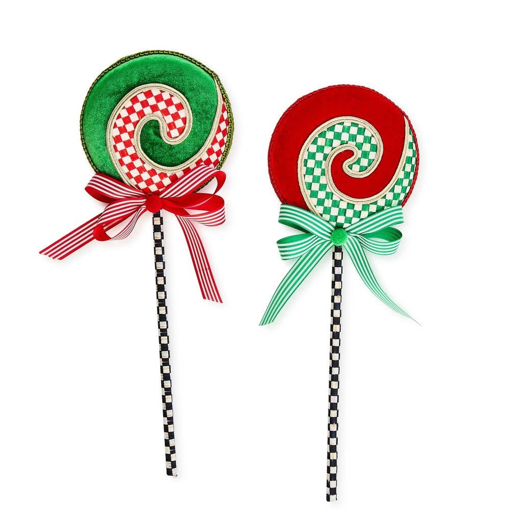Small fabric lollipop pick with wire stem featuring red polyester ribbon loops.