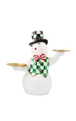 Resin snowman butler figurine with black top hat, white beard, and red scarf standing on a round plate.