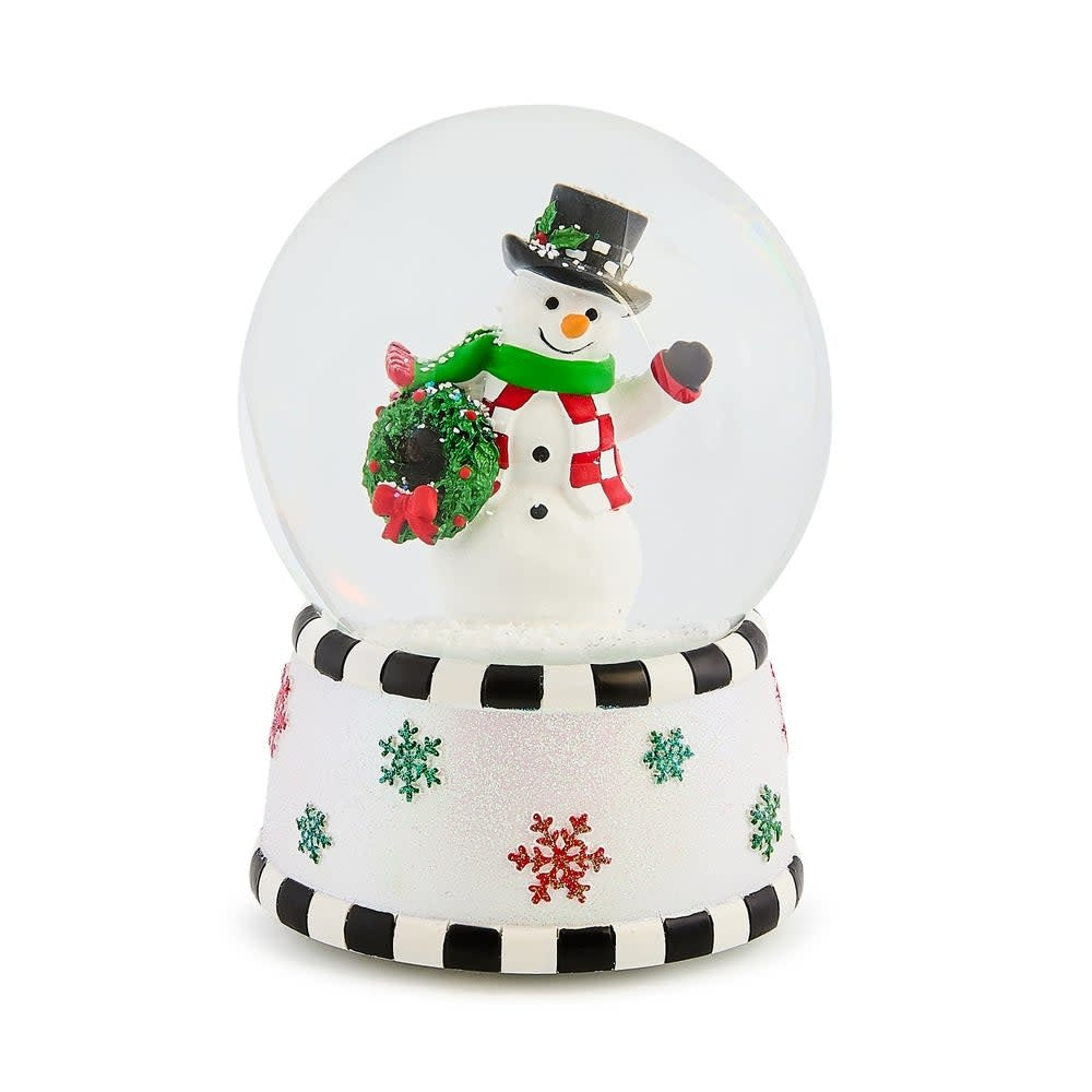Resin snowman figure inside a clear glass globe with falling white snow.
