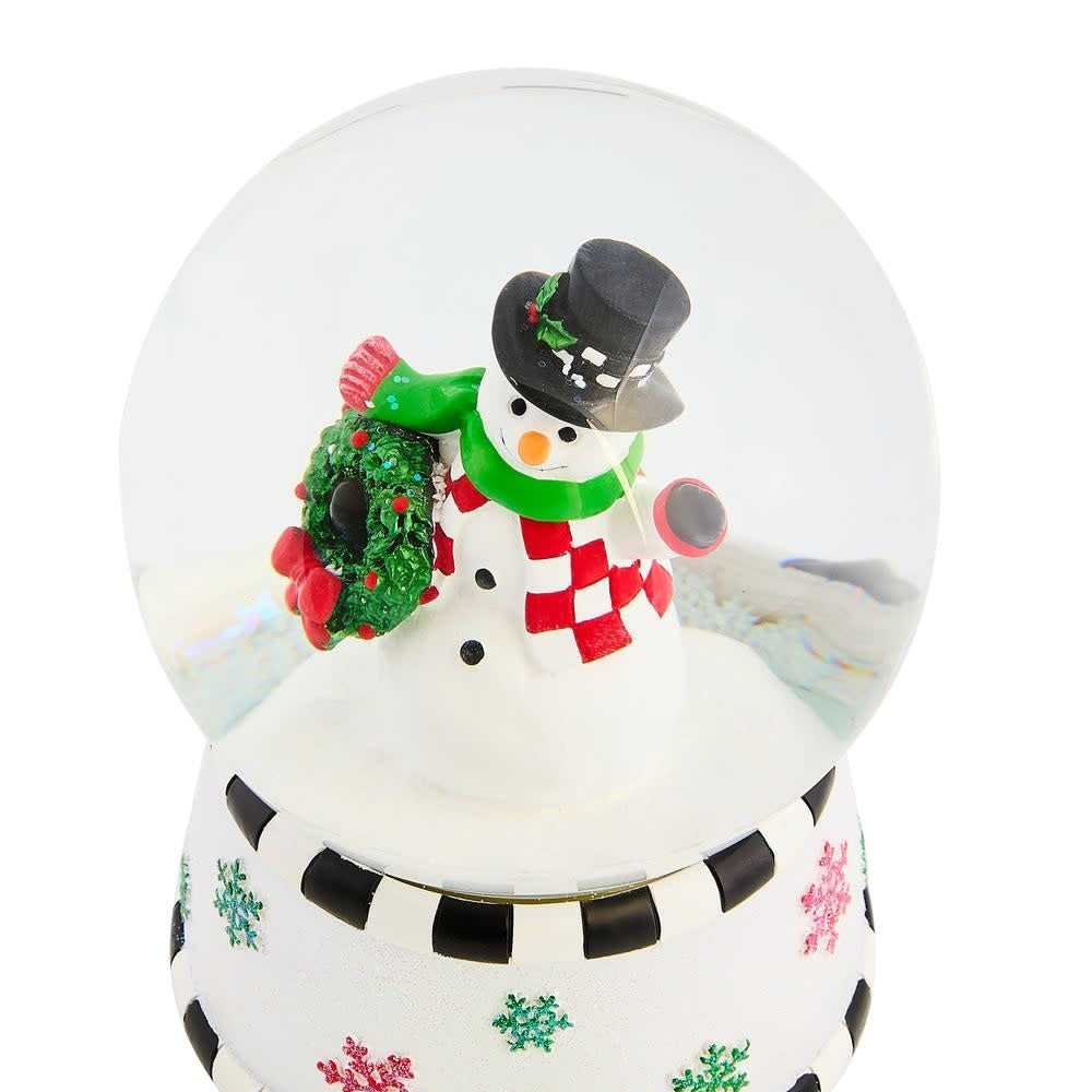 Resin snowman figurine inside a clear glass globe with falling white resin flakes.