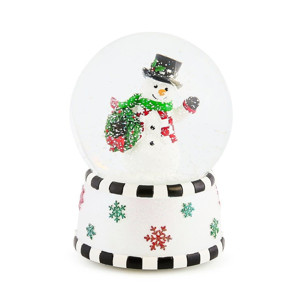 Resin snowman figurine inside a clear glass globe with falling white flakes.