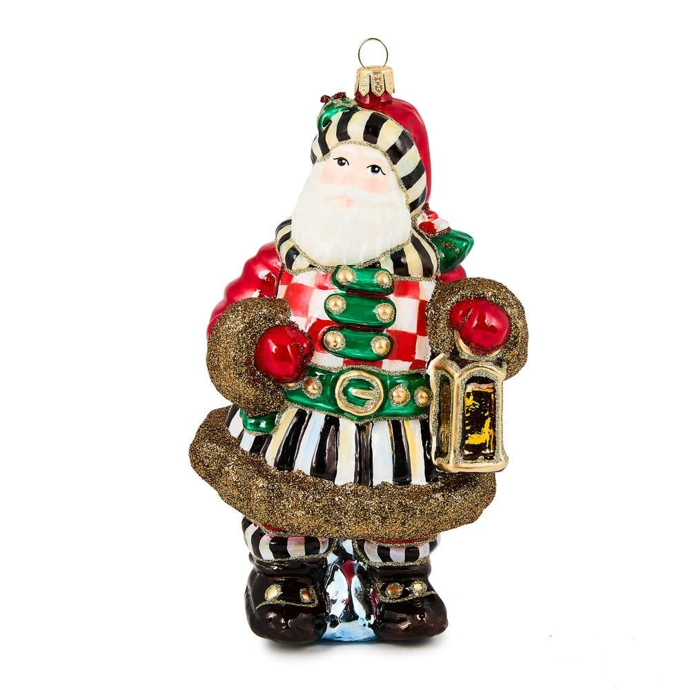 Hand-painted glass Santa ornament with brass logo charm