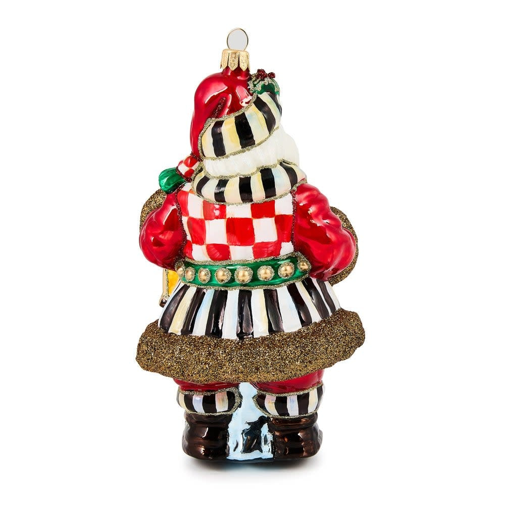 Hand-painted glass Santa ornament with brass logo charm