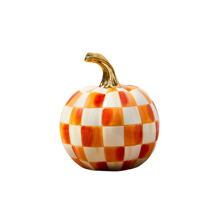 Hand-painted resin mini pumpkin with orange stripes and gold leaf stem.