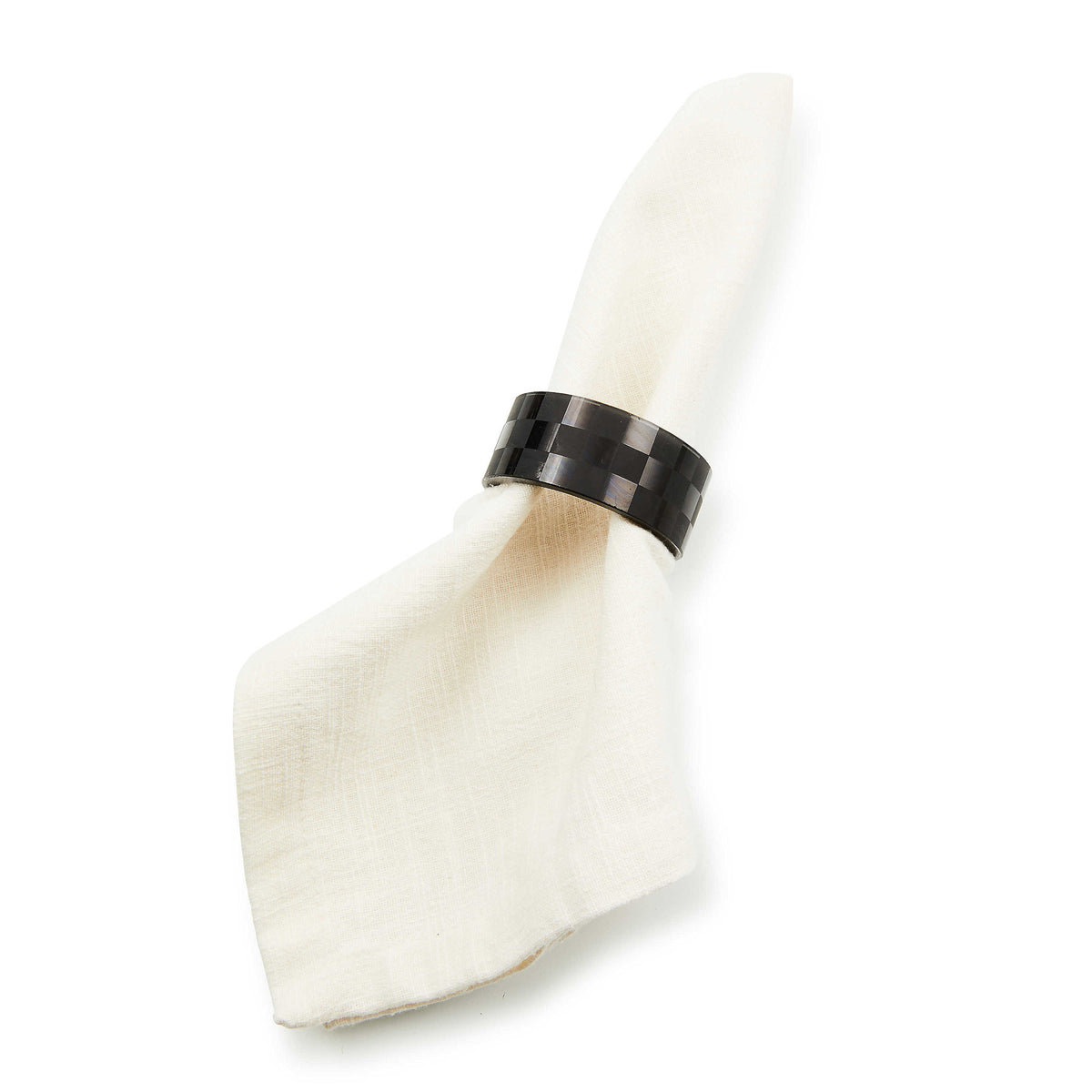 Set of four check-patterned glass napkin rings with etched detailing.