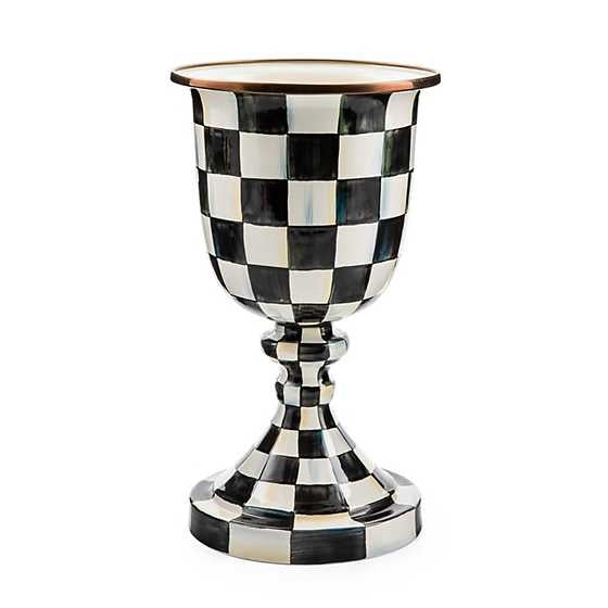 Elevated steel pedestal vase with hand-painted courtly check pattern in bronze rim.