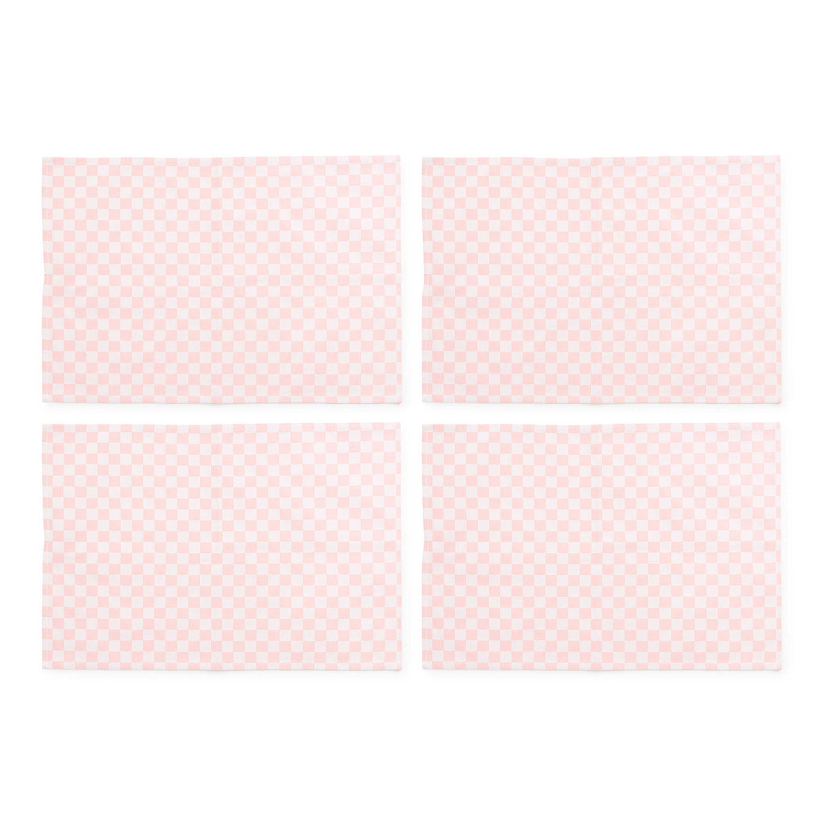Set of four woven cotton check placemats in natural tones with a classic grid pattern.