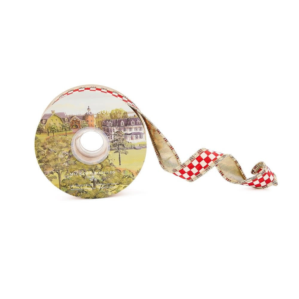 Gold polyester check ribbon with wired edges on a white background