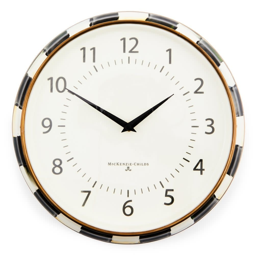 Hand-painted checkered wall clock with bronzed stainless steel rim on heavy-gauge steel.