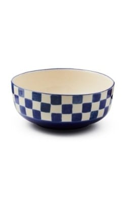 Handmade check-pattern stoneware serving bowl with a wide rim.