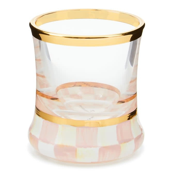 Hand-painted check shot glass with gold lustre trim on a black base