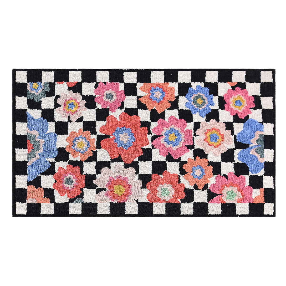 Woven polyester indoor/outdoor rug with floral check pattern in neutral tones