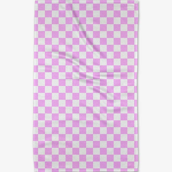 Checker Love tea towel with red and white checkered waffle weave pattern.