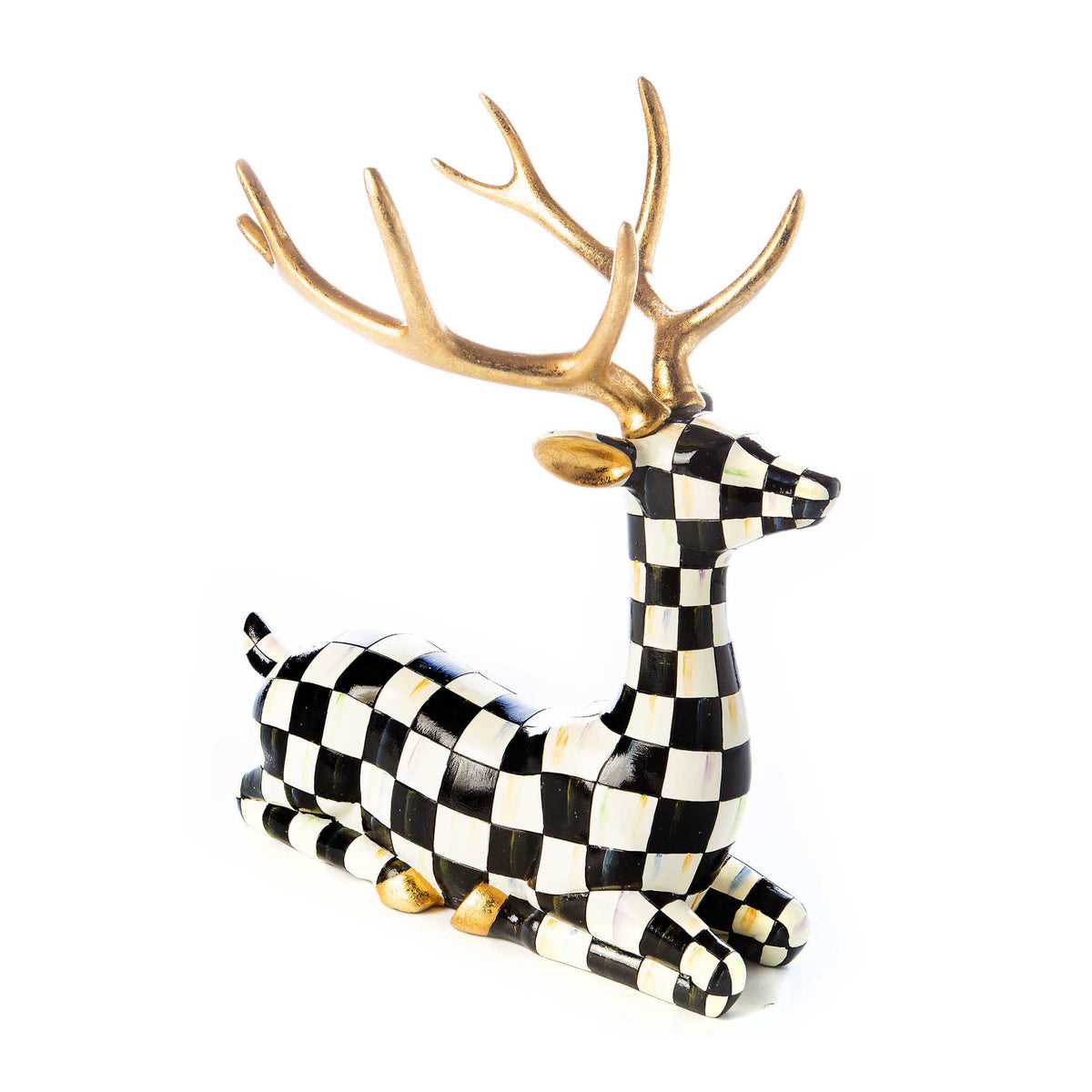 Sitting resin deer figurine in Courtly Check pattern with gold leaf accents on antlers and hooves.