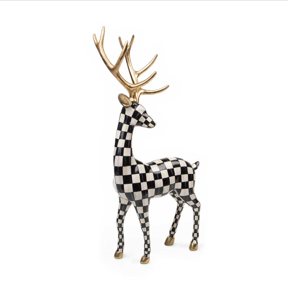 Standing resin deer figurine with hand-painted courtly check pattern and gold leaf accents on antlers.