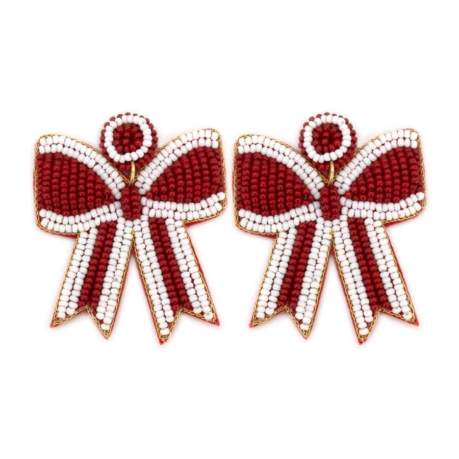 Sporty beaded earrings with a cheer bow silhouette in vibrant colors.