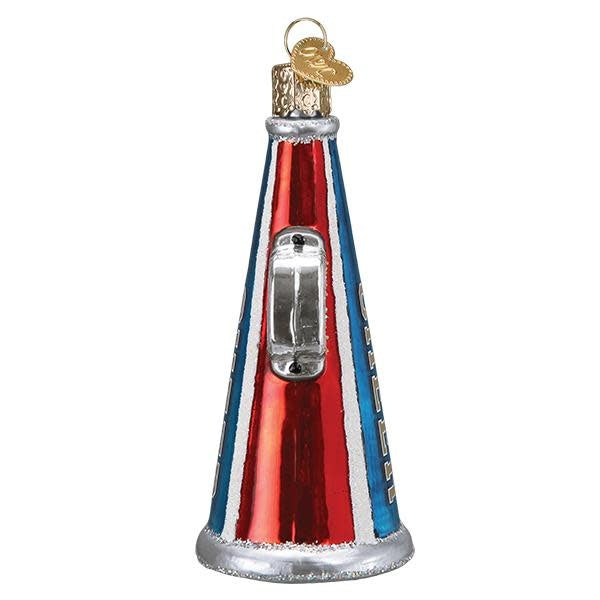 Red plastic cheerleader megaphone ornament with white pom-pom top.