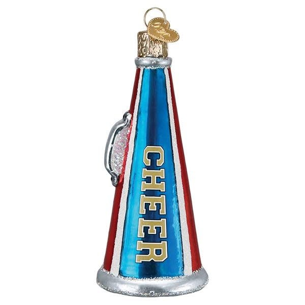 Red plastic megaphone ornament with gold accents shaped like a cheerleader's microphone.