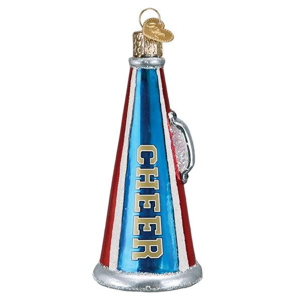 Red plastic cheerleader megaphone ornament with white pom-pom accents.
