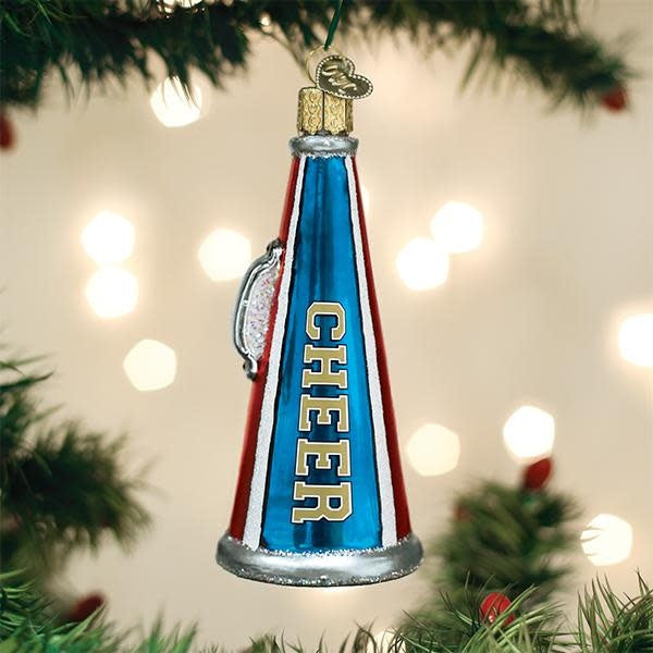 Red plastic cheer megaphone ornament with white handle.