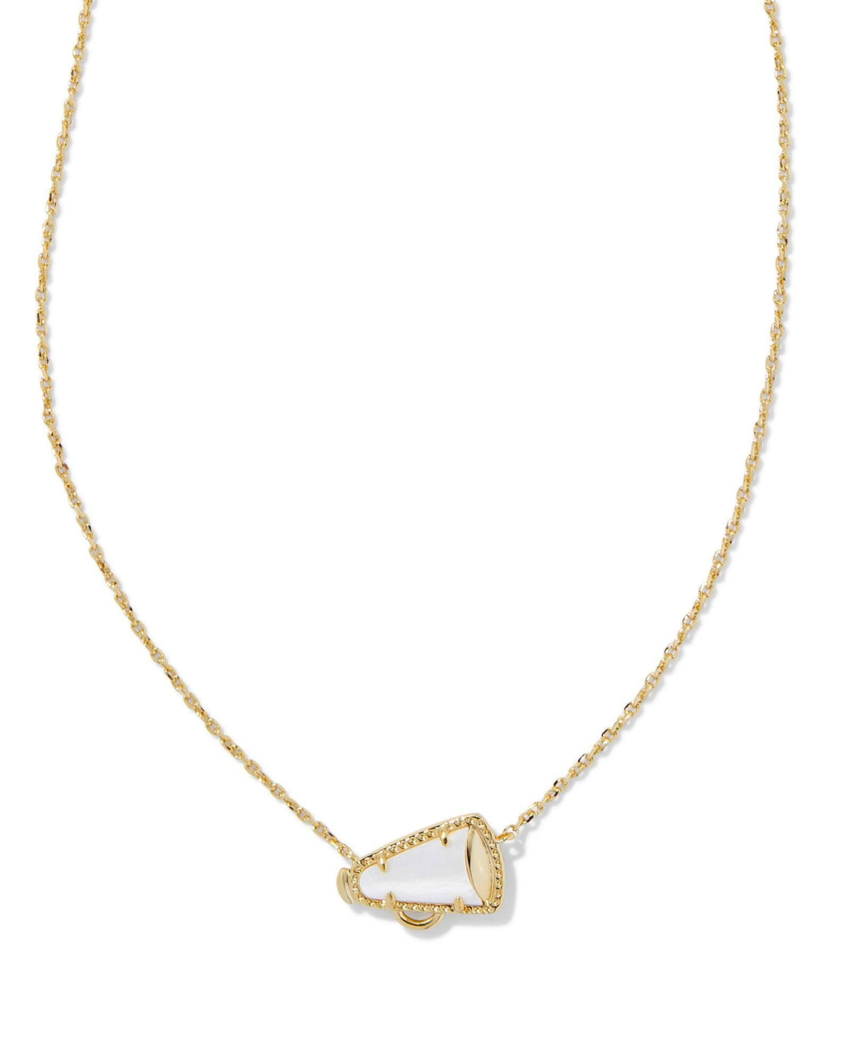 Gold megaphone pendant necklace with white mother-of-pearl accents and signature hoofprint detailing on a chain.