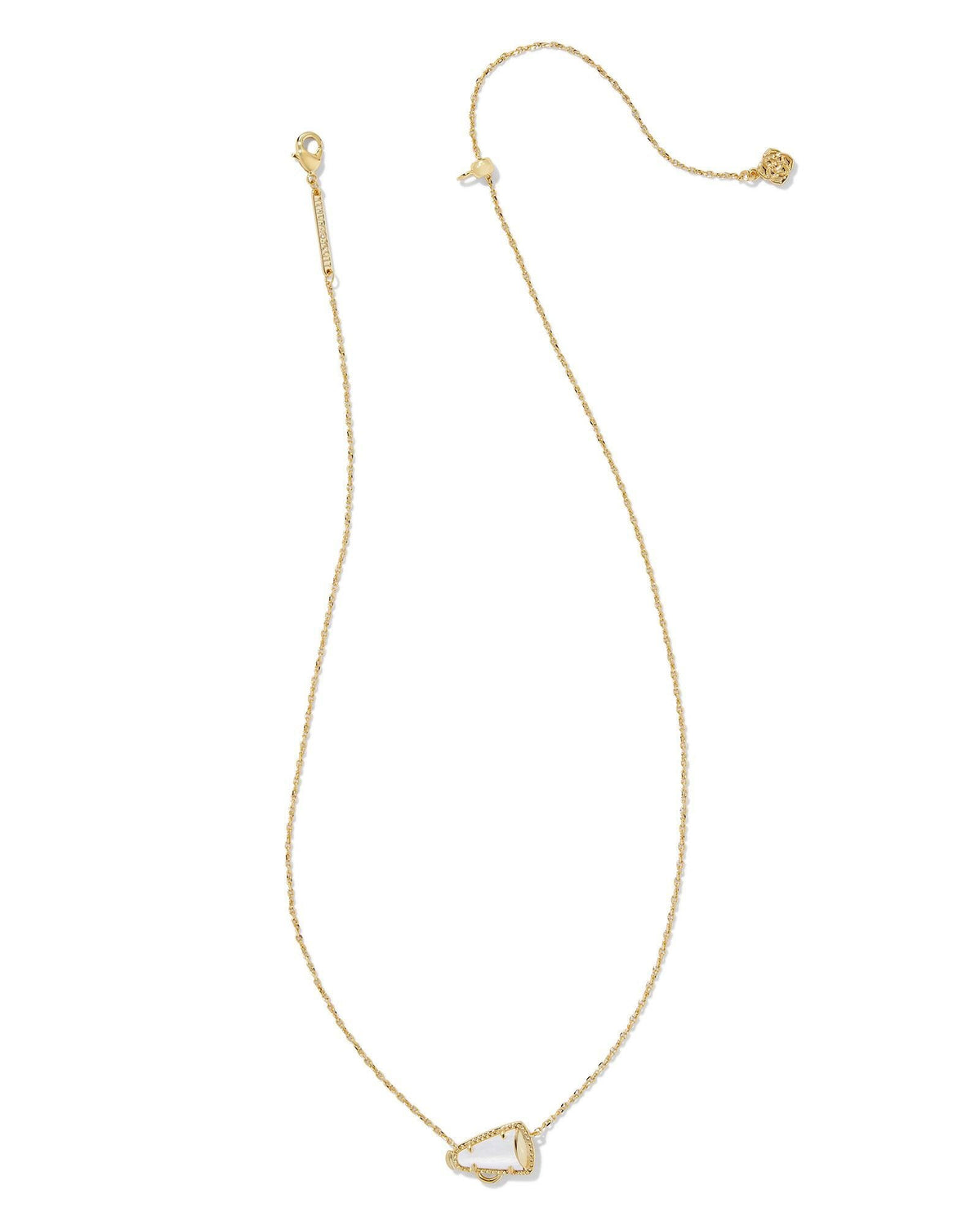 Gold megaphone pendant necklace with white mother-of-pearl accents and signature hoofprint detailing on a chain.