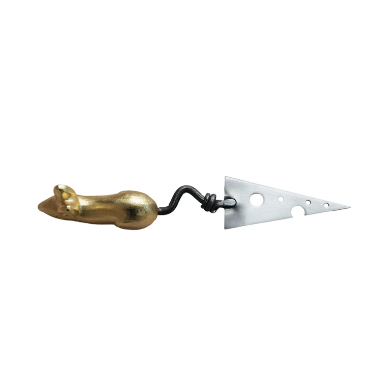 Stainless steel cheese knife with a mouse-shaped handle and blade shaped like a wedge of cheddar.