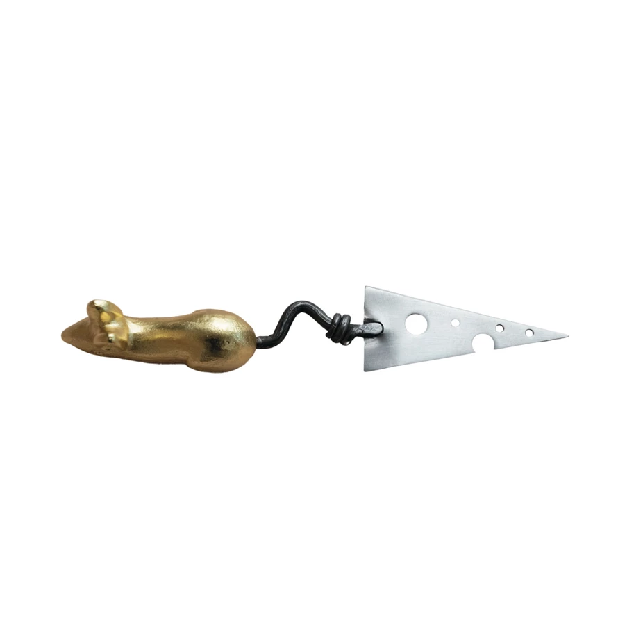 Stainless steel cheese knife with a mouse-shaped handle and blade shaped like a wedge of cheddar.