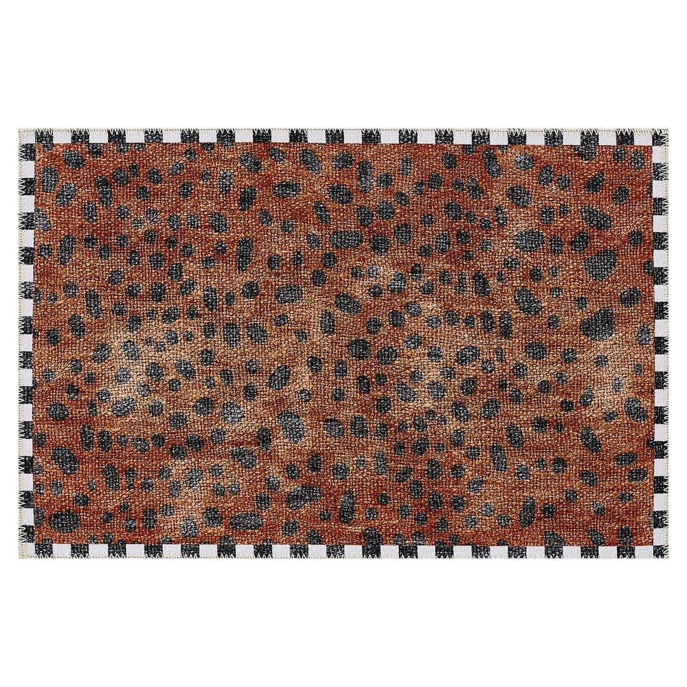 Woven polyester rug with cheetah animal spots and check border pattern in beige tones