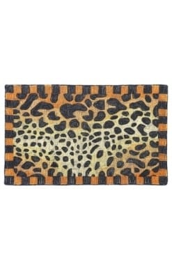 Cheetah print indoor/outdoor rug made from recycled polyester with a geometric animal pattern.