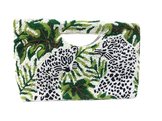Ivory beaded cheetah print purse with a structured silhouette.
