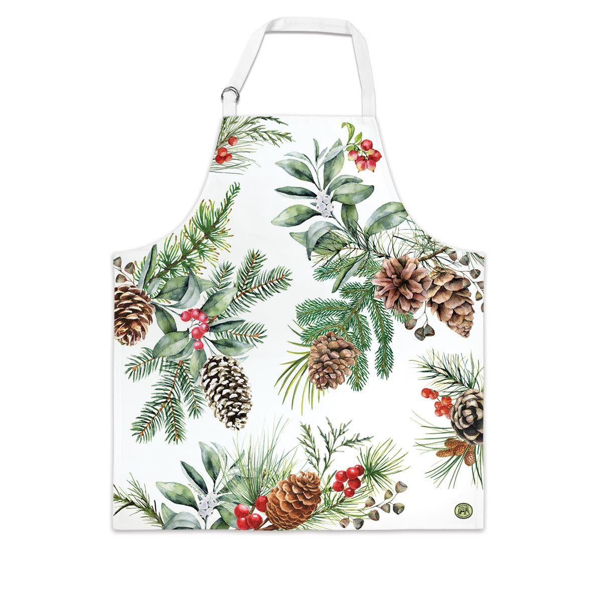 White cotton chef apron with adjustable neck tie and double D-rings.
