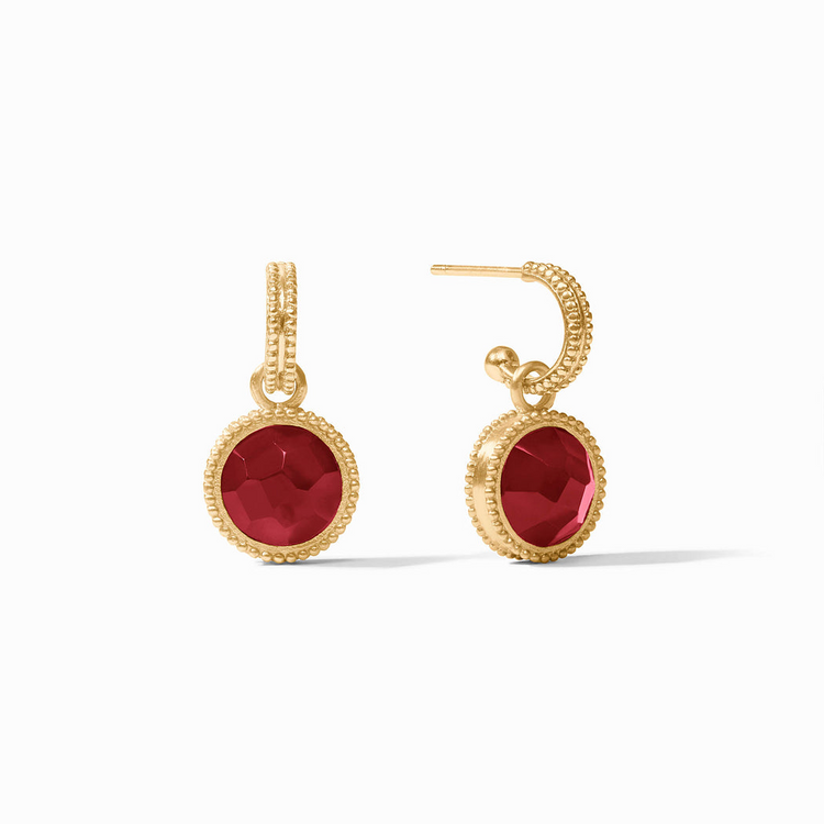 Fleur-de-Lis gold hoop earrings with round faceted red glass charms.