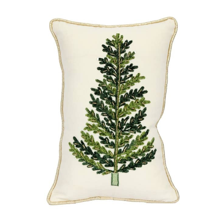 Green chenille pillow with embroidered pine tree, gold piping, and natural silhouette.