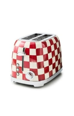 Stainless steel checkered two-slice toaster with a retro rectangular silhouette.