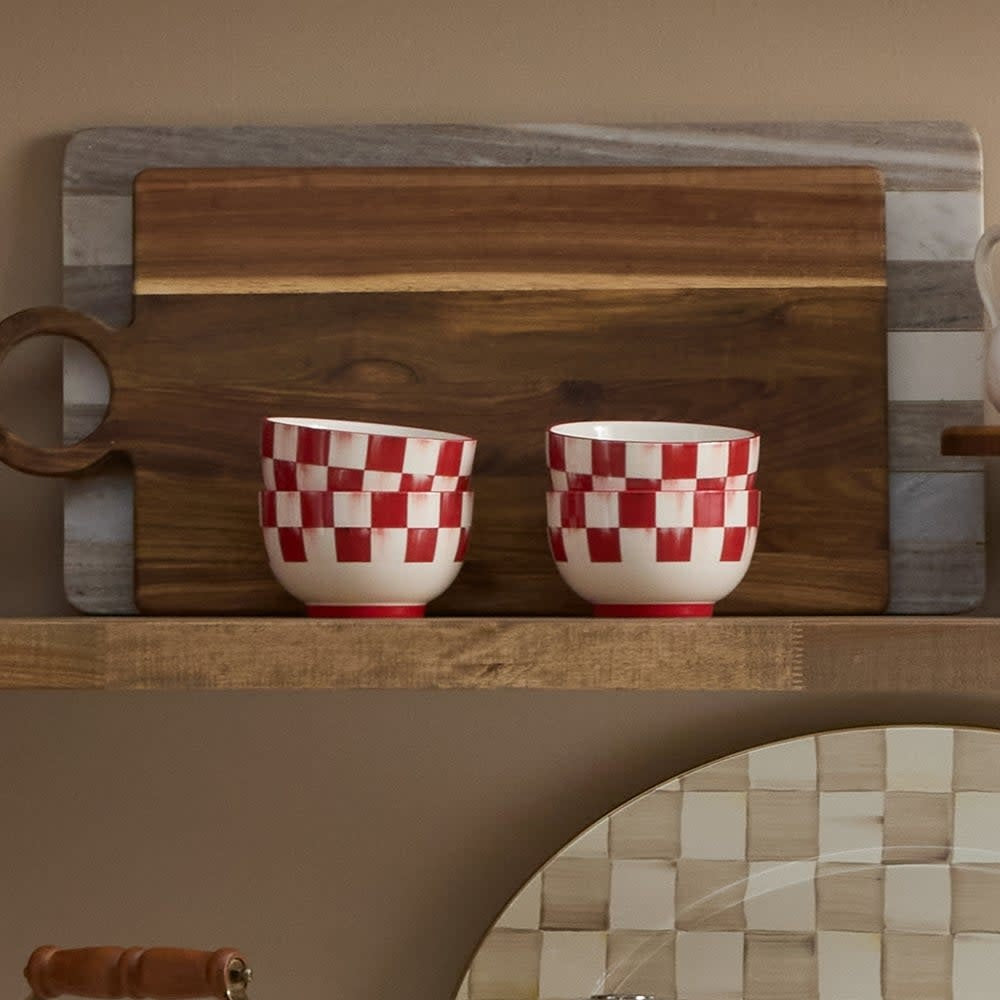 Cherry check stoneware breakfast bowl with hand-painted banding