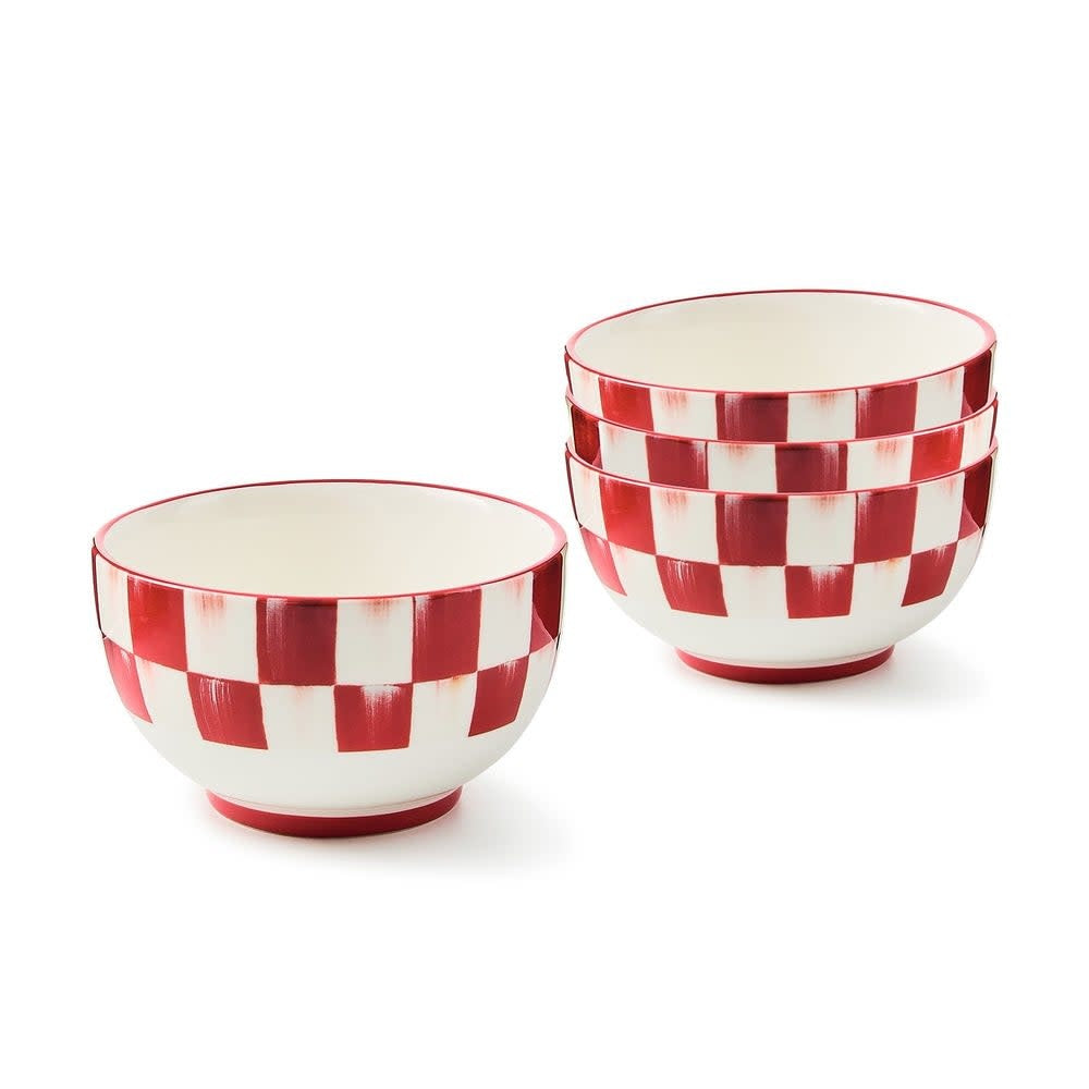 Cherry check stoneware breakfast bowl with hand-painted banding rim