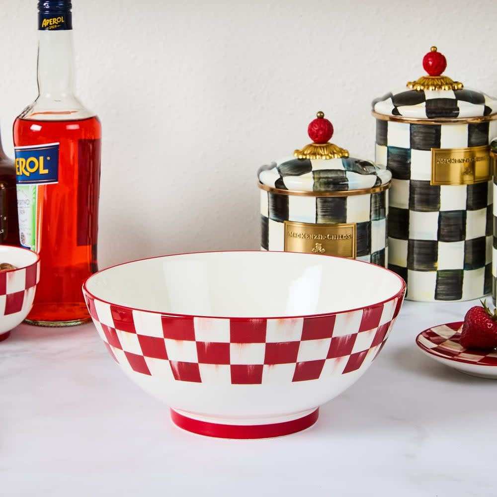 Cherry Check stoneware serving bowl with hand-painted banding