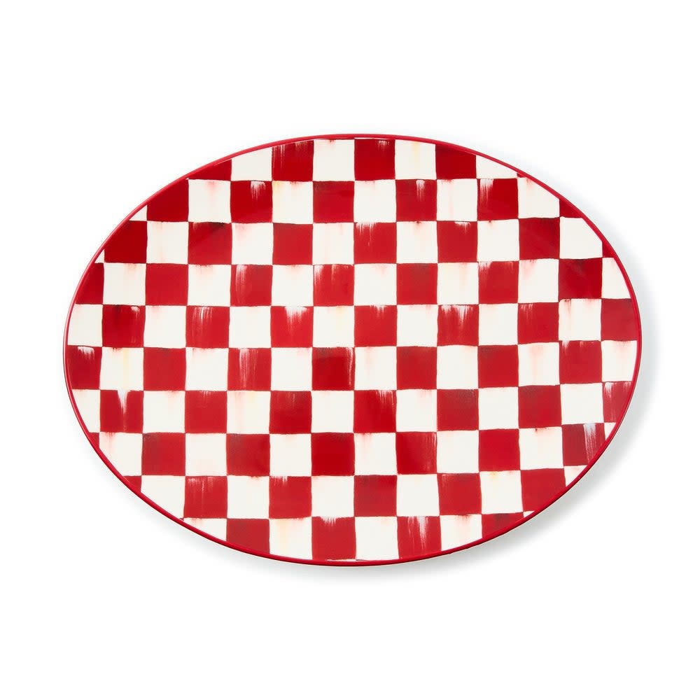 Cherry Check stoneware serving platter with hand-painted banding on a white background.