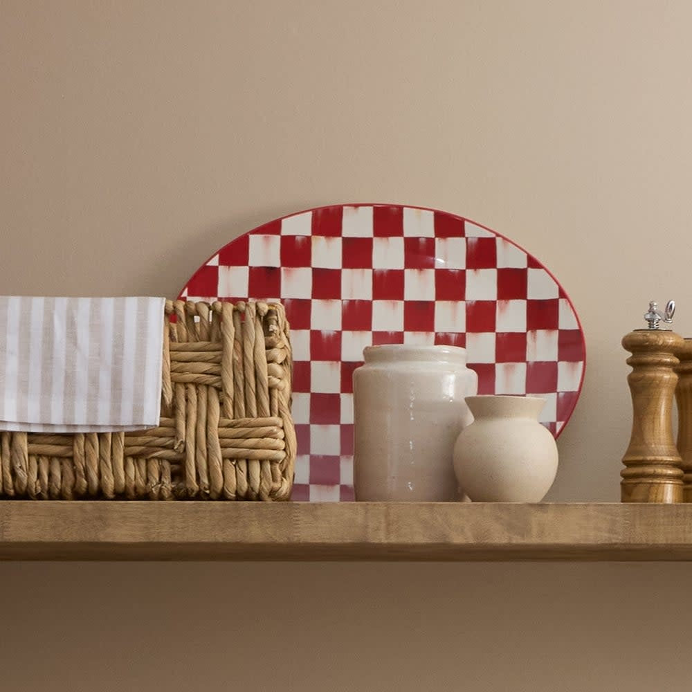 Cherry Check stoneware serving platter with hand-painted banding on a white background.