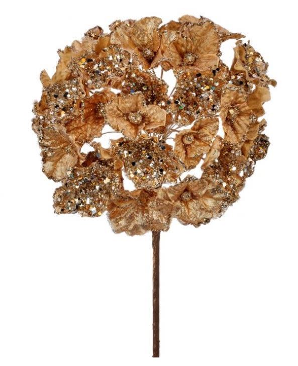 24-inch gold crystal encrusted hydrangea stem with glittery petals on a brown stem.