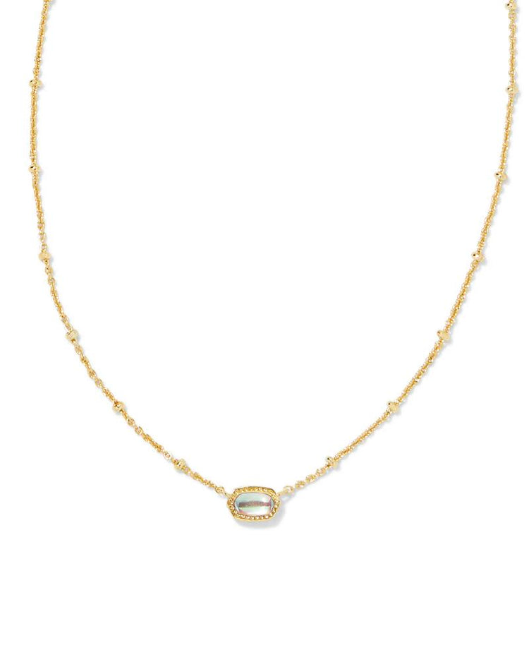 Mini Elisa Satellite Short Pendant Gold Necklace with a small iridescent oval stone.
