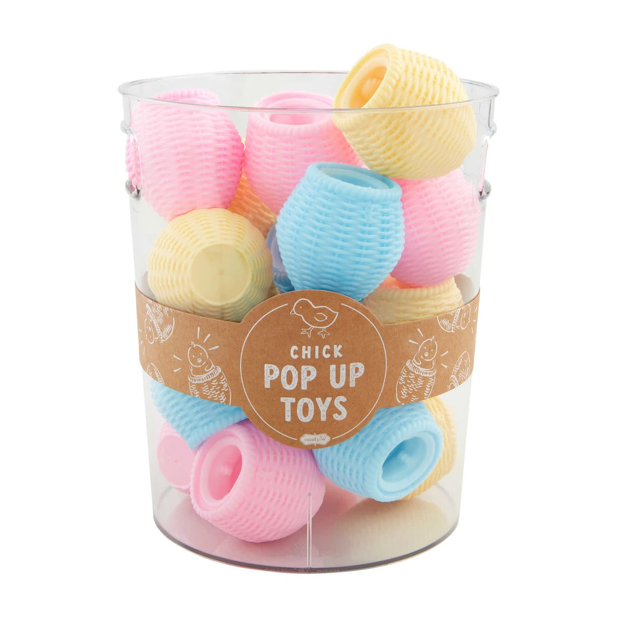 Plastic squeeze basket toy with a pop-up chick surprise inside an acrylic display bucket.