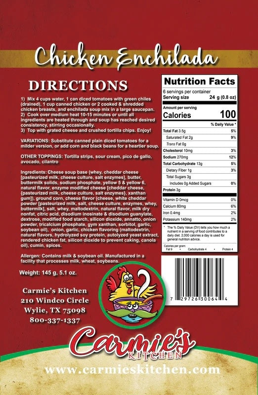 Bag of chicken enchilada soup mix with dairy allergen label