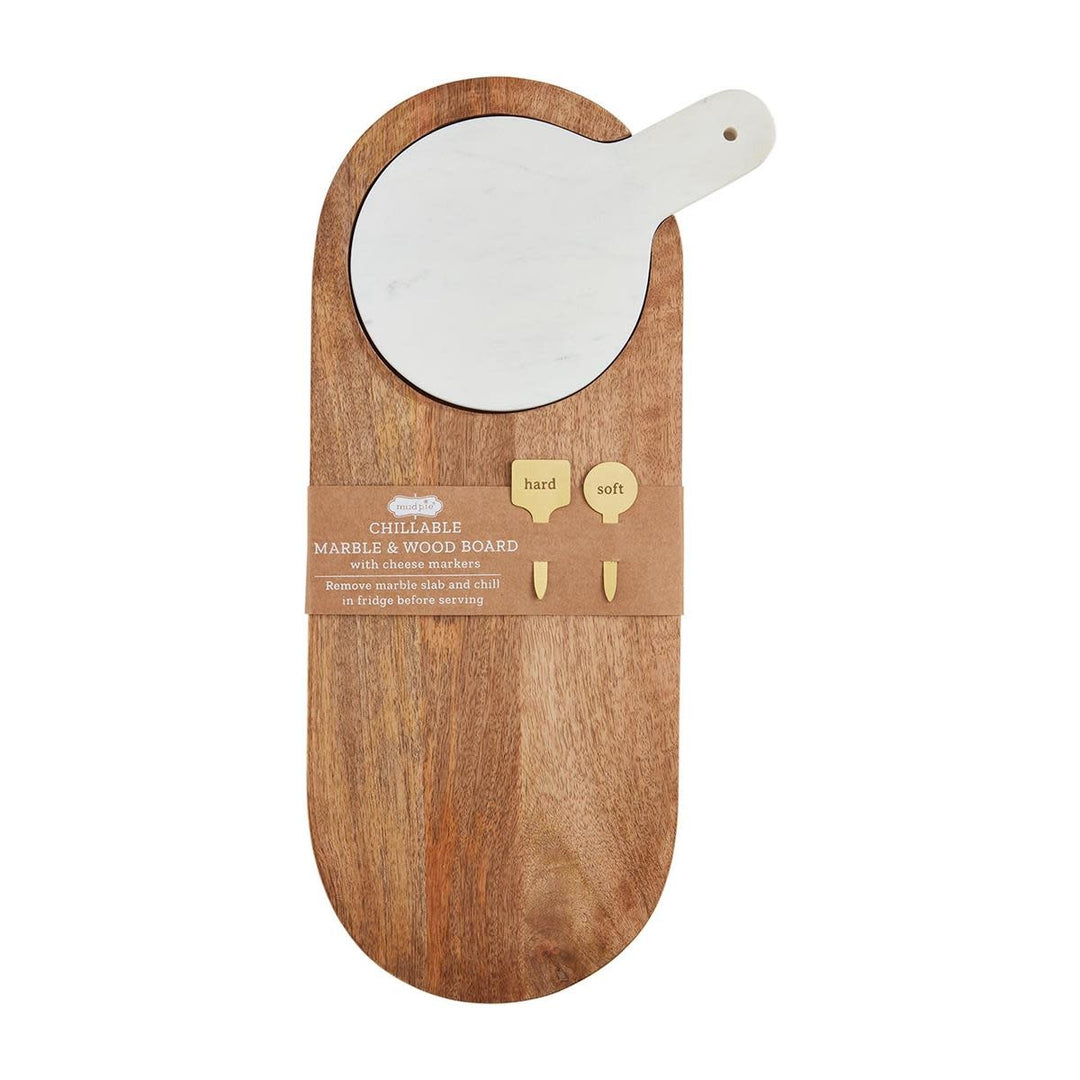 Mango wood serving board with removable white marble inset and two brass cheese markers.
