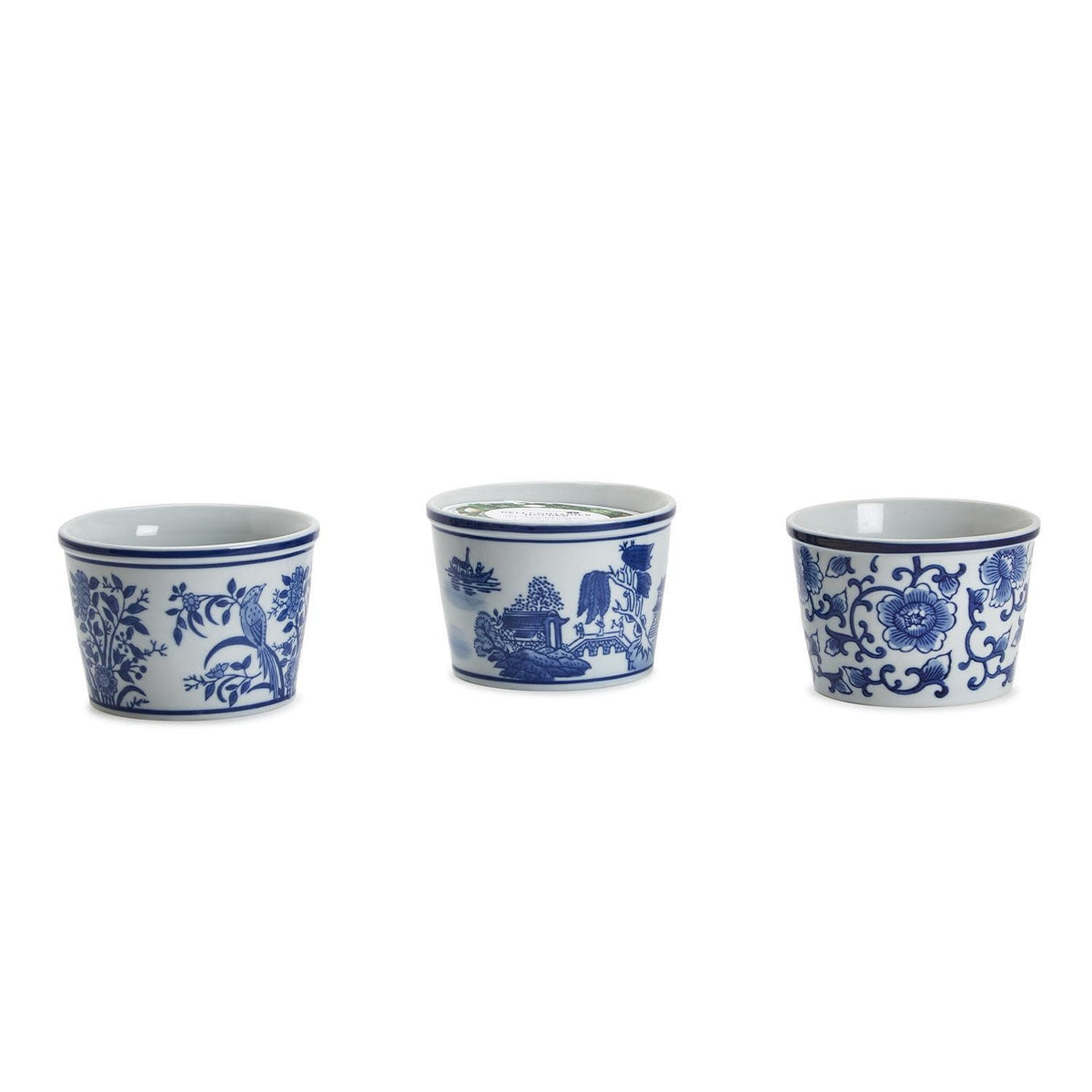 Hand-painted porcelain deli container with chinoiserie incognito pattern in neutral tones.