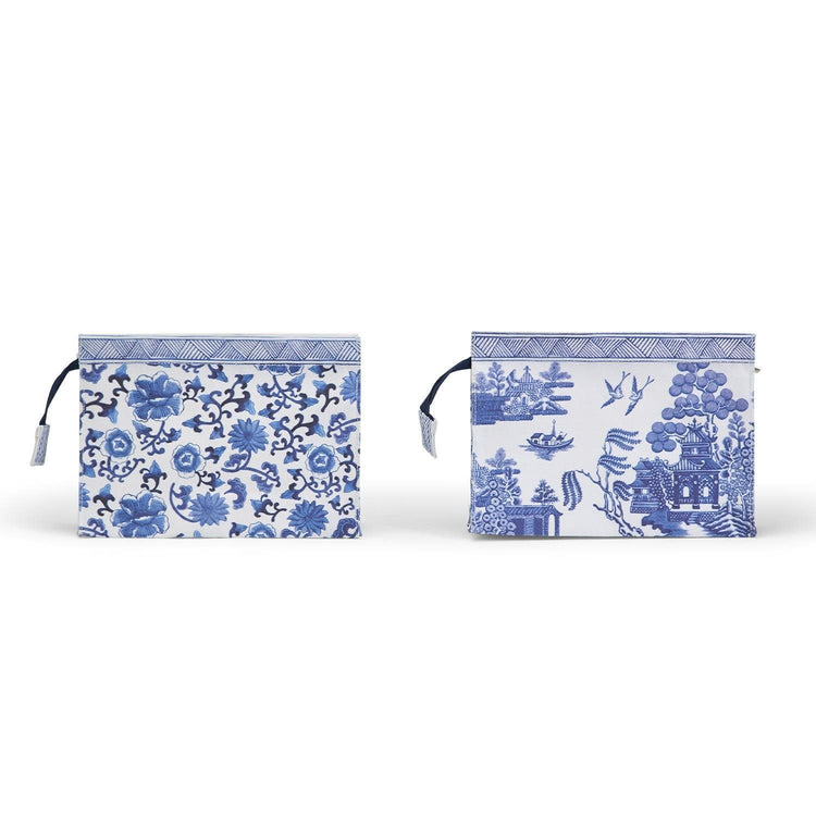 Blue cotton multipurpose pouch with traditional Chinoiserie white patterns on a rectangular silhouette.