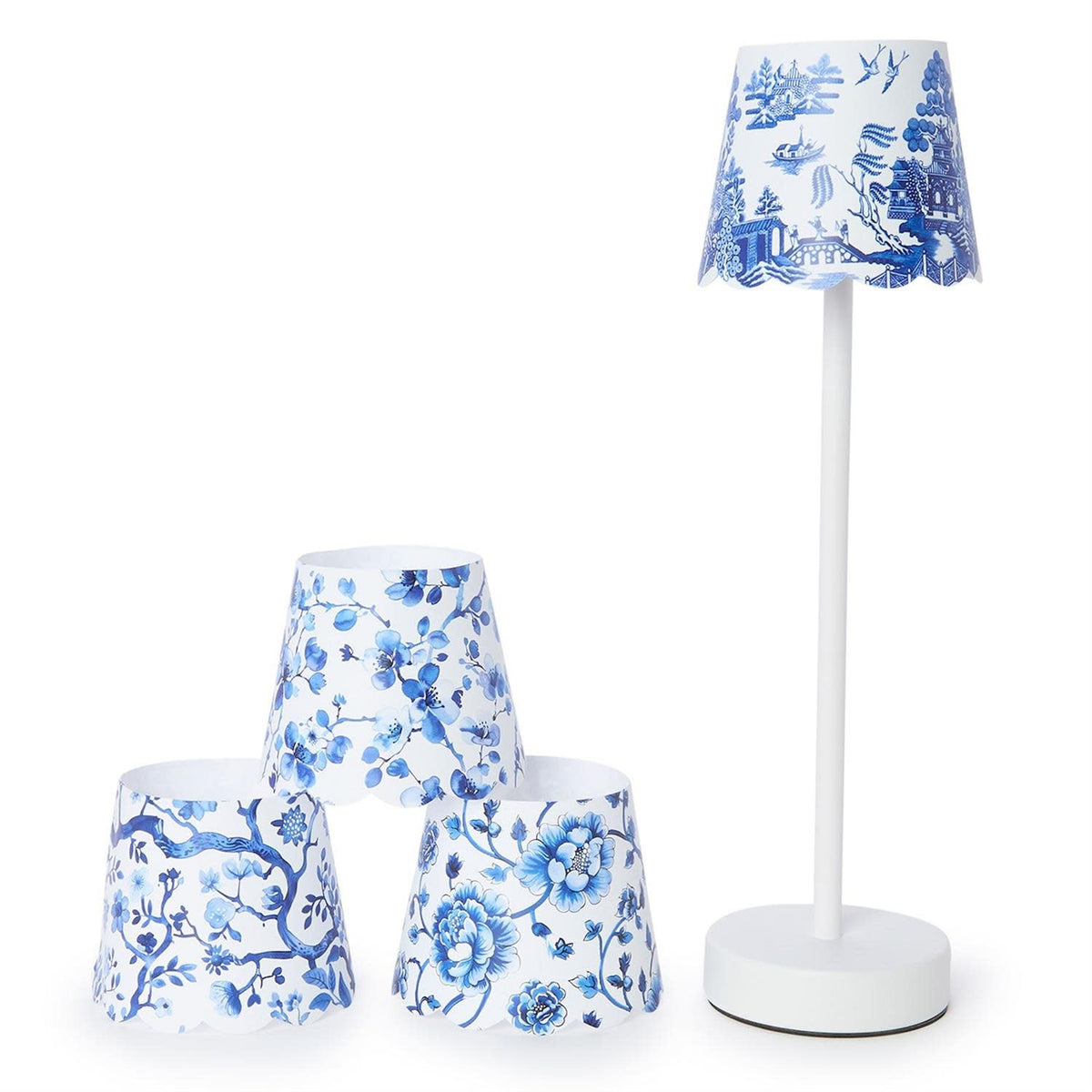 Chinoiserie paper shade cover with a delicate floral pattern in soft tones.