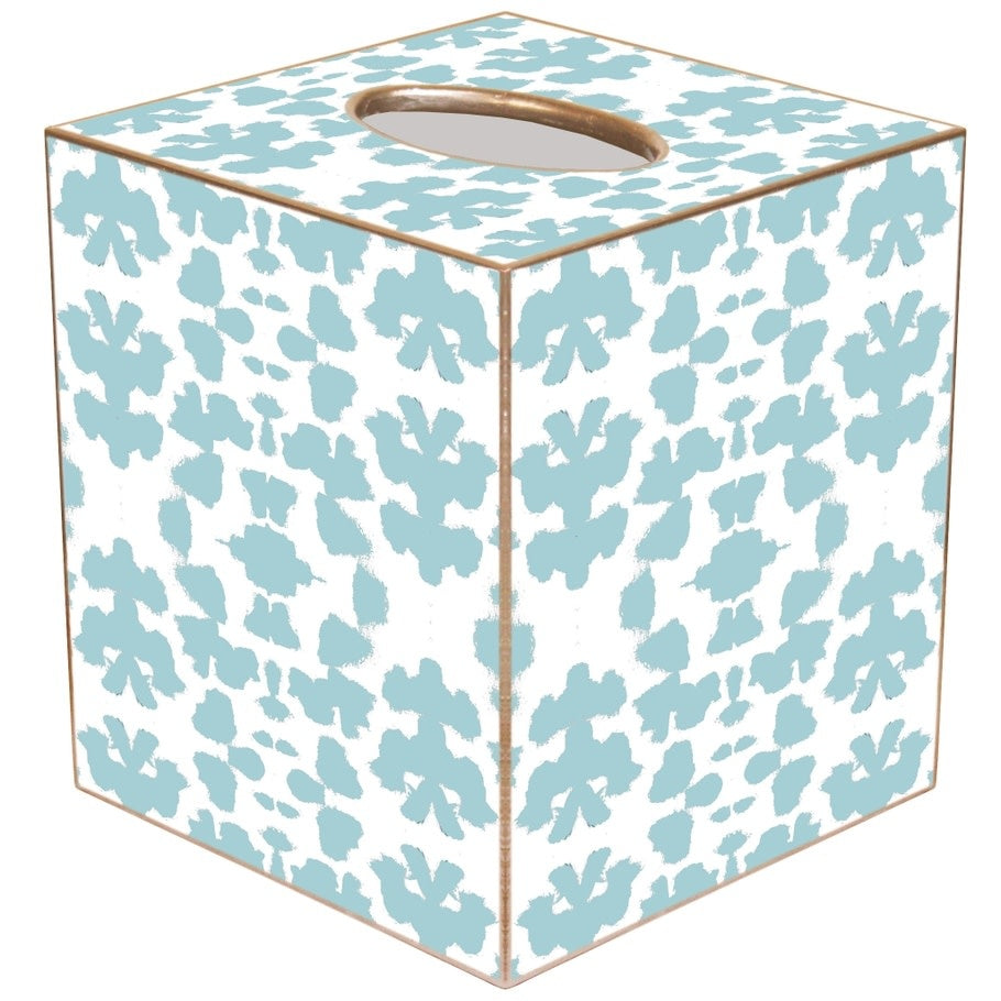 Handcrafted paper mache tissue box cover with gold-painted edges.